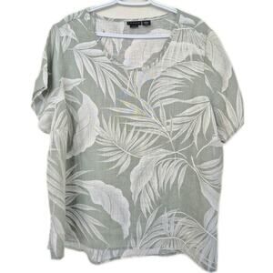 Tahari 100% Linen Top Sz 2X Short Sleeve Tropical Print Summer Vacation Luxury
